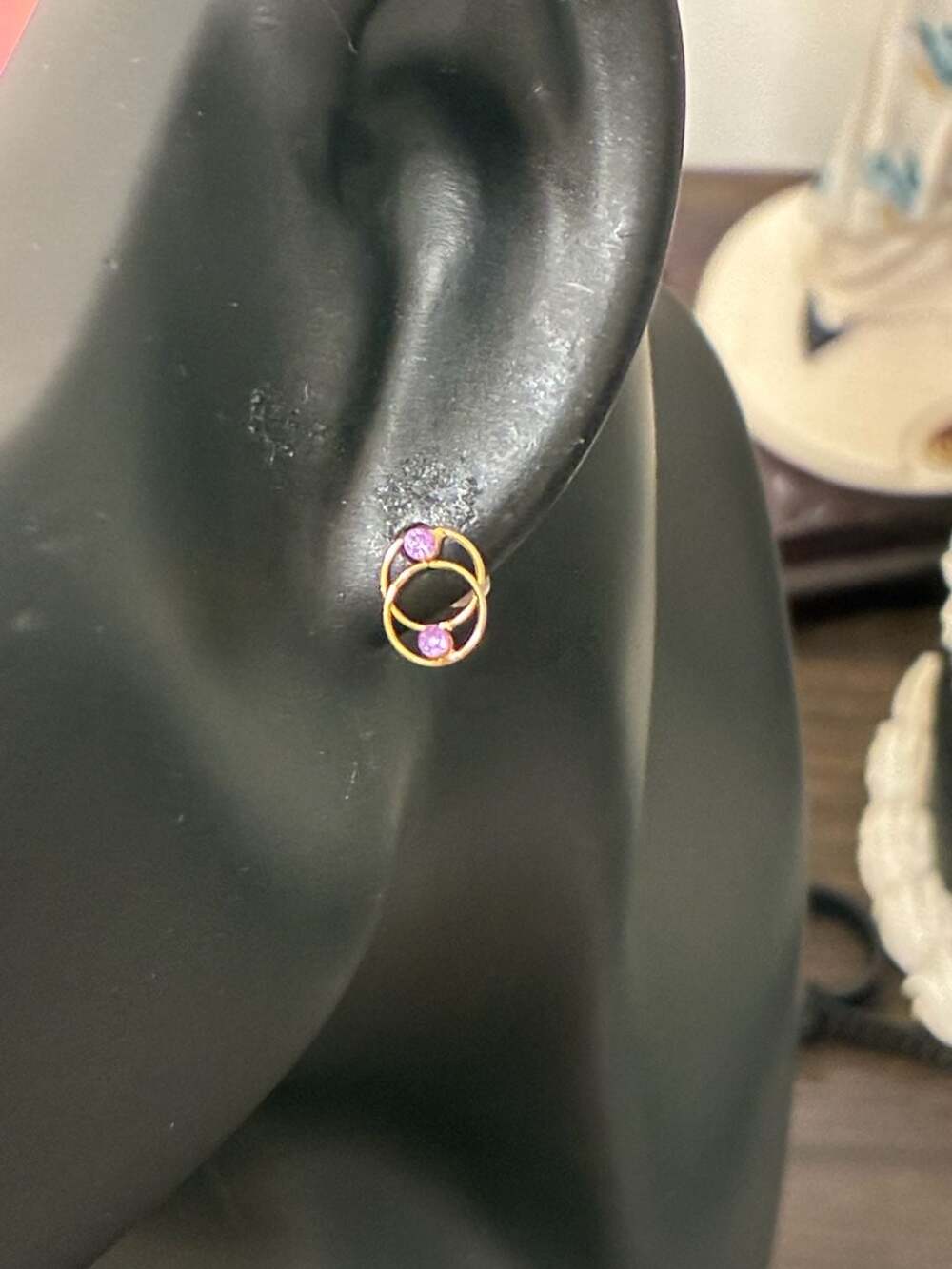 Interlocking Circle Stud Earrings Gold Tone Amethyst Purple Stone
